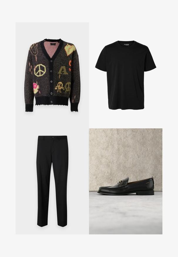 Strikket cardigan i mørkegrå med sort kant. Har farverige mønstre, herunder fredstegn og kranier, med en let flagrende kant.; Ensfarvet sort t-shirt med korte ærmer og rund hals, herrepasform, uden synlige mønstre eller logoer foran.; Sorte skræddersyede bukser med flad front, standard talje og lige ben. Lavet af glat stof, med en enkelt knaplukning.; Sort læderloafers med guldfarvet metaldekoration og "HUGO" branding, vist mod en beige tæppe og brunt gennemsigtigt møbel.