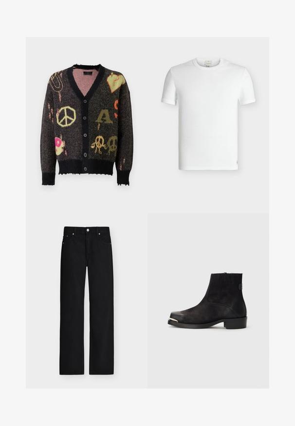Gebreide cardigan in donkergrijs met een zwarte afwerking. Heeft kleurrijke patronen, waaronder vredestekens en schedels, met een licht rafelige rand.; Effen witte korte mouw ribgebreide katoenen T-shirt met ronde hals en een klein genaaid label bij de onderzoom.; Zwarte jeans met rechte pijpen, knoopsluiting, riemlussen en voor- en achterzakken, weergegeven tegen een lichte achtergrond.; Zwarte enkellaars van suede en leer, met een ronde neus, kleine hak, zilverkleurig metallic accent op de neus en elastische zijpanelen.