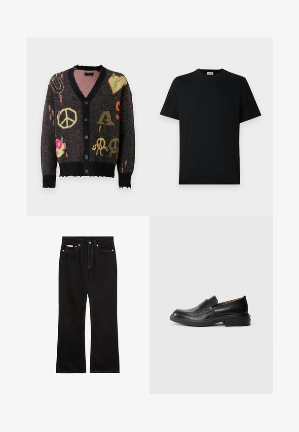 Strikket cardigan i mørkegrå med sort kant. Har farverige mønstre, herunder fredstegn og kranier, med en let flagrende kant.; Simpel sort kortærmet T-shirt med rund hals, præsenteret fladt mod en hvid baggrund, med et lille mærke syet ind i kraven.; Sorte jeans med lige ben, orange syning, fem lommer, knaplukning og et lille Calvin Klein-mærke på den forreste højre lomme.; Sorte læder slip-on dress sko med lav hæl og subtil Calvin Klein logo på siden, vist i profil på en hvid baggrund.