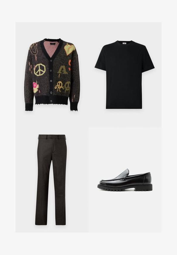 Gebreide cardigan in donkergrijs met een zwarte afwerking. Heeft kleurrijke patronen, waaronder vredestekens en schedels, met een licht rafelige rand.; Eenzwarte korte mouwen T-shirt met ronde hals, plat weergegeven tegen een witte achtergrond, met een klein merkje binnenin de kraag.; Donkergrijze, op maat gemaakte broek met een gladde textuur, rechte pijpen en een standaard tailleband, met subtiele details langs de zakken.; Zwarte leren loafer met dikke rubberen zool, gestikte bovenkant en gegraveerde merknaam op de hiel, zijaanzicht op witte achtergrond.