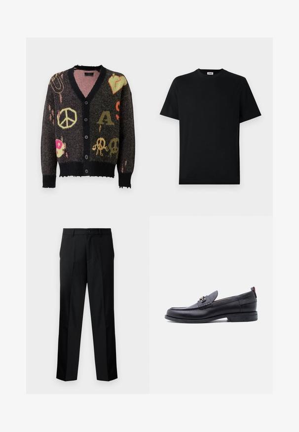 Gebreide cardigan in donkergrijs met een zwarte afwerking. Heeft kleurrijke patronen, waaronder vredestekens en schedels, met een licht rafelige rand.; Eenzwarte korte mouwen T-shirt met ronde hals, plat weergegeven tegen een witte achtergrond, met een klein merkje binnenin de kraag.; Zwarte op maat gemaakte broek met een rechte snit, voorzien van een knoopsluiting, ritssluiting en riemlussen. Glad stof met zijzakken.; Zwarte leren loafer met grijze, gestructureerde vamp, zilveren metalen gesp, lage hak en trekkoord aan de achterkant.