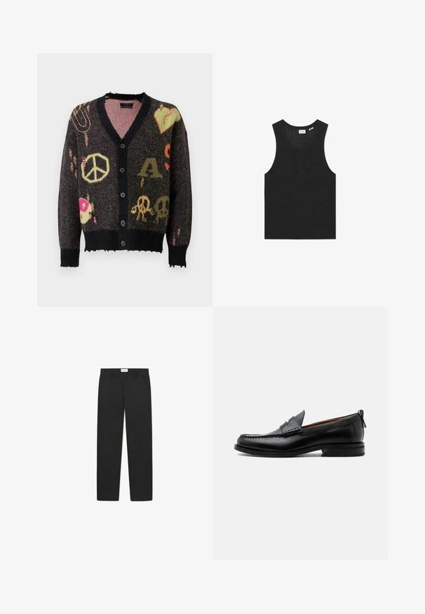 Strikket cardigan i mørkegrå med sort kant. Har farverige mønstre, herunder fredstegn og kranier, med en let flagrende kant.; Sort tanktop med et tekstureret mønster, uden ærmer og rund halsudskæring. Fremstillet af let strikmateriale.; Sorte bukser med lige ben-design, lavet af stof med en glat tekstur, med to forlommer og en standard talje.}}; Sort læder herre loafer med moc-tå syning, penny strop, struktureret krave og lav stablet hæl på hvid baggrund.
