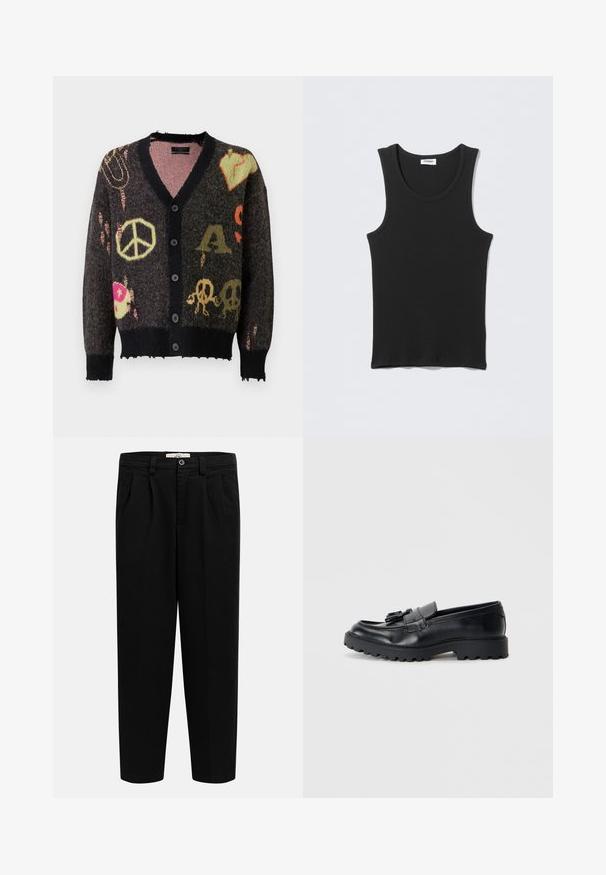 Strikket cardigan i mørkegrå med sort kant. Har farverige mønstre, herunder fredstegn og kranier, med en let flagrende kant.; Sort ærmeløs ribstrikket tanktop med rund halsudskæring, fladt lagt på lysegrå baggrund. Etiket med teksten "WEEKDAY."; Sorte højtaljede bukser med lige ben, bæltestropper, for-plitter, sidelommer og knaplukning i taljen.; Sorte læder loafers med en blank finish, kraftig gummisål og dekorativt frynse-detalje på forsiden.