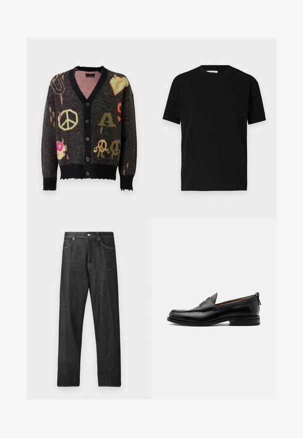 Gebreide cardigan in donkergrijs met een zwarte afwerking. Heeft kleurrijke patronen, waaronder vredestekens en schedels, met een licht rafelige rand.; Zwarte t-shirt met korte mouwen van katoen, met een ronde halslijn en een losse pasvorm. Gladde textuur, zonder patronen of zichtbare logo's.; Zwarte spijkerbroek met rechte pijpen, voorzien van een knoopsluiting aan de voorkant, vijf zakken en subtiele stiksel details.; Zwarte leren herensloffen met moc toe stiksel, pennyriem, gestructureerde kraag en lage gestapelde hak op witte achtergrond.