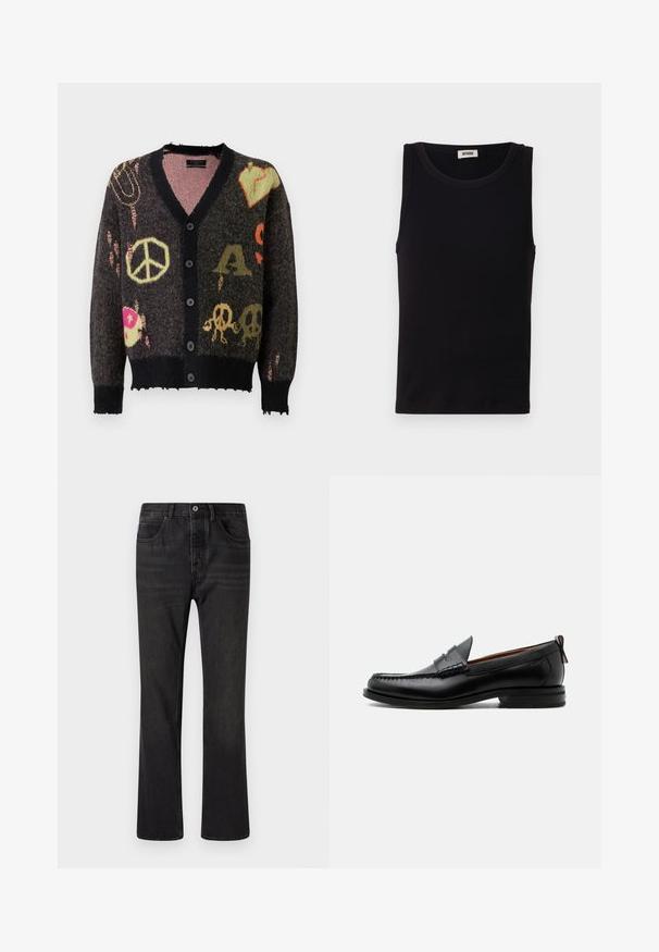 Cardigan de punto en gris oscuro con ribetes negros. Presenta patrones coloridos, incluyendo signos de paz y calaveras, con un borde ligeramente deshilachado.; Top sin mangas negro hecho de algodón suave. Cuenta con un escote redondeado y un corte recto, con detalles de costura mínimos.; Vaqueros de denim negro con un diseño de pierna recta, cinco bolsillos y cierre frontal de botón. Superficie texturizada con detalles de desvanecimiento sutil.; Mocasín de hombre de piel negra con costura moc toe, tira penny, cuello texturizado y tacón bajo apilado sobre fondo blanco.