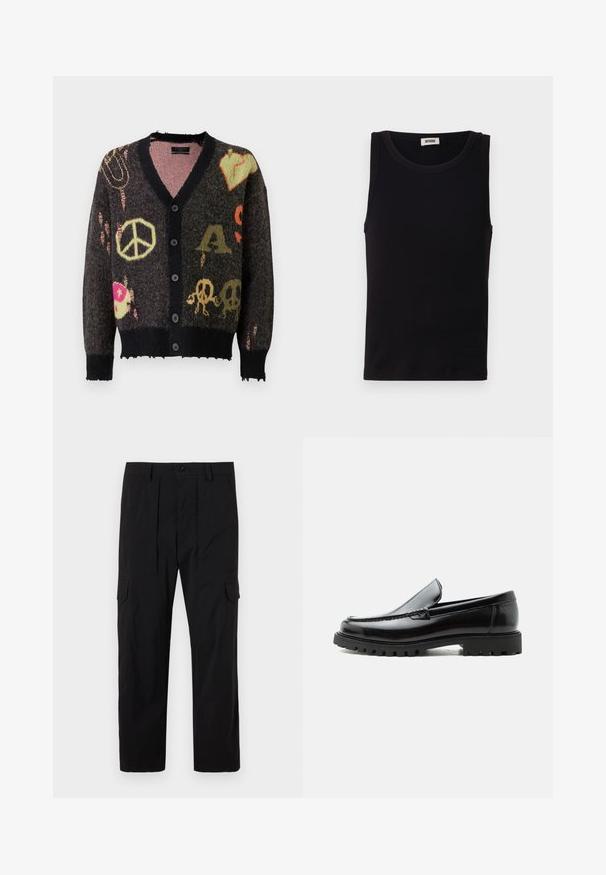 Cardigan de punto en gris oscuro con ribetes negros. Presenta patrones coloridos, incluyendo signos de paz y calaveras, con un borde ligeramente deshilachado.; Top sin mangas negro hecho de algodón suave. Cuenta con un escote redondeado y un corte recto, con detalles de costura mínimos.; Pantalones cargo negros hechos de tejido ligero, con un diseño de pierna recta, pliegues delanteros, bolsillos laterales y cierre de botón.; Mocasín de cuero negro con suela de goma gruesa, empeine cosido y nombre de la marca en relieve en el talón, mostrado en perfil lateral sobre fondo blanco.