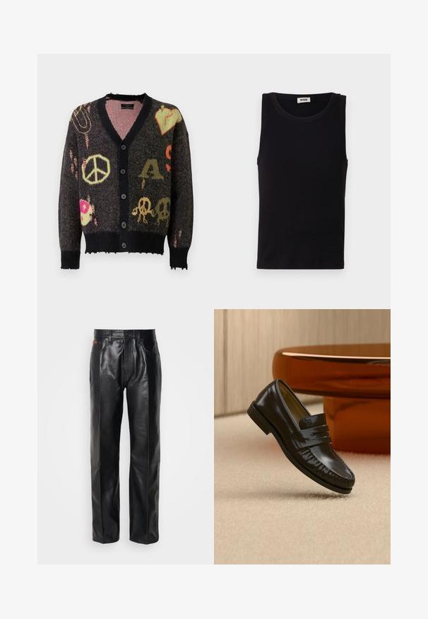Strikket cardigan i mørkegrå med sort kant. Har farverige mønstre, herunder fredstegn og kranier, med en let flagrende kant.; Sort sansædet tanktop lavet af blød bomuld. Har en rund halsudskæring og lige pasform, med minimal syningdetalje.; Sorte læderbukser med lige ben design. Funktioner inkluderer knaplukning og forlommer, der fremhæver en glat tekstur og minimal syning.; Skinnende sort læderloafer med remdetalje, placeret på beige tæppe nær et rundt brunt sofabord i et blødt oplyst rum.