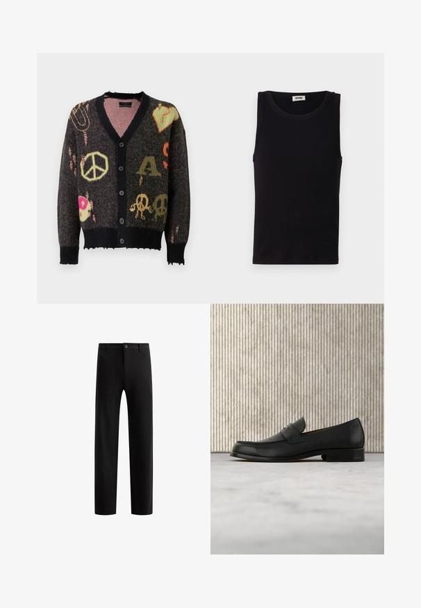Cardigan de punto en gris oscuro con ribetes negros. Presenta patrones coloridos, incluyendo signos de paz y calaveras, con un borde ligeramente deshilachado.; Top sin mangas negro hecho de algodón suave. Cuenta con un escote redondeado y un corte recto, con detalles de costura mínimos.; Pantalones negros a medida con un diseño frontal plano, piernas rectas, cierre de botón único y presillas para cinturón, confeccionados en una tela suave sin patrones visibles.; Zapato mocasín de cuero negro flotando sobre una alfombra beige con una mesa redonda marrón brillante al fondo.