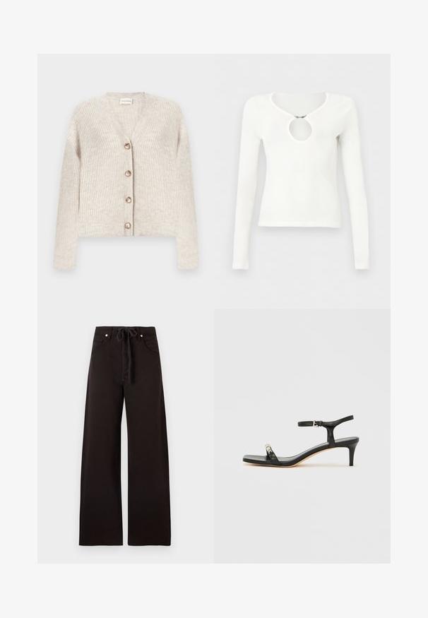 Cardigan beige en maille côtelée avec col en V, manches longues et quatre boutons sur le devant, posé à plat sur un fond blanc.; Haut blanc à manches longues, cintré, avec une découpe ronde au niveau de la poitrine, fermée par une petite pince métallique.; Pantalon noir à jambes larges avec poches avant, passants de ceinture et cordon en tissu à la taille, présenté sur un fond uni.; Sandale noire en cuir à talon avec bride à la cheville, bout ouvert, devant carré et accent en métal argenté. Design ajusté avec un profil élégant.