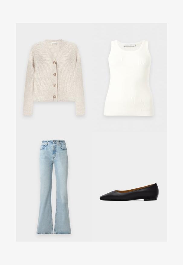 Cardigan beige en maille côtelée avec col en V, manches longues et quatre boutons sur le devant, posé à plat sur un fond blanc.; Débardeur blanc côtelé sans manches avec encolure ronde, coupe ajustée, et étiquette de la marque à l'intérieur du col arrière.; Jeans en denim bleu clair évasés avec taille haute, dotés de poches avant, d'une fermeture à bouton et d'une texture légèrement usée.; Chaussure plate en cuir noir à bout pointu avec talon bas et finition lisse, vue de côté sur un fond gris clair.