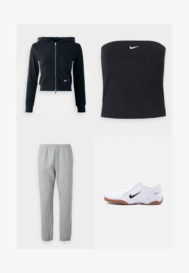 Sudadera corta negra con cremallera plateada y bolsillo frontal. Fabricada con una tela suave y elástica. Cuenta con capucha y un pequeño logo de Nike en el pecho.; Top tubo negro sin tirantes de Nike con logo blanco Swoosh centrado cerca del borde superior, fondo liso.; Pantalones deportivos Nike de color gris claro con cintura elástica y puños, pequeño logo blanco de Nike swoosh en la parte superior del muslo izquierdo.; Zapatilla de fútbol sala Nike Total 90 III en blanco con el logo Swoosh negro y suela de goma, mostrada de lado sobre un fondo liso.