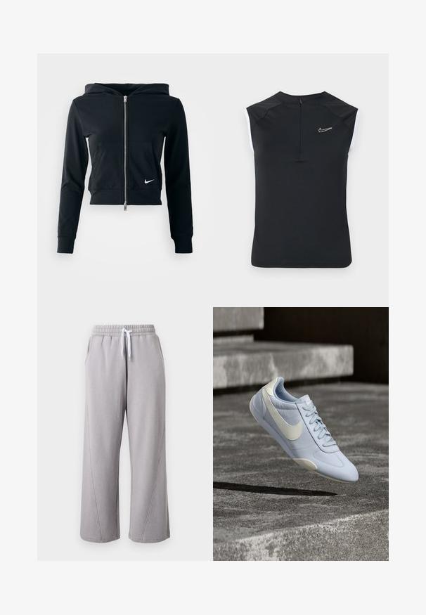 Mustat lyhyet hupparit, joissa on hopeinen vetoketju ja etutasku. Valmistettu pehmeästä, joustavasta kankaasta. Varustettu hupulla ja pienellä Nike-logolla rinnassa.; Musta hihaton urheilutoppi, jossa on korkea kaulus, pieni valkoinen Nike-logo rinnassa ja valkoiset kontrastit hihanauhoissa.; Vaaleanharmaat leveälahkeiset collegehousut, joissa on joustava vyötärönauha ja valkoinen kiristysnyöri, sivutaskut sekä saumanomaiset yksityiskohdat lahkeiden varrella.; Vaaleansininen Nike-tossu, jossa valkoinen swoosh-logo ja pohja, roikkuu karujen harmaiden betoniporrasaskelmien yllä ulkona.