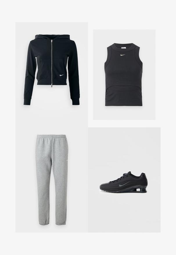 Sudadera corta negra con cremallera plateada y bolsillo frontal. Fabricada con una tela suave y elástica. Cuenta con capucha y un pequeño logo de Nike en el pecho.; Top deportivo negro sin mangas, corto, con textura de canalé y logo blanco de Nike swoosh en el pecho.; Pantalones deportivos Nike de color gris claro con cintura elástica y puños, pequeño logo blanco de Nike swoosh en la parte superior del muslo izquierdo.; Zapatillas Nike negras con parte superior texturizada, diseño elegante, cierre de cordones y unidad de aire visible en el talón. Detalle de marca minimalista.