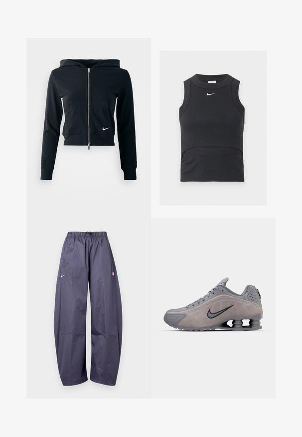 Sort cropped hoodie med sølv lynlås og frontlomme. Lavet af blødt, strækbart stof. Har en hætte og lille Nike-logo på brystet.; Sort ærmeløs cropped sportstop med ribbet tekstur og hvid Nike swoosh-logo på brystet.; Løse mørkegrå Nike træningsbukser med elastisk taljebånd, sidelommer og et lille pink logo på højre lår.; Grå ruskinds atletiksko med et buet design, der har snørebånd, et sort swoosh-logo og en synlig stødabsorberende hælenhed.