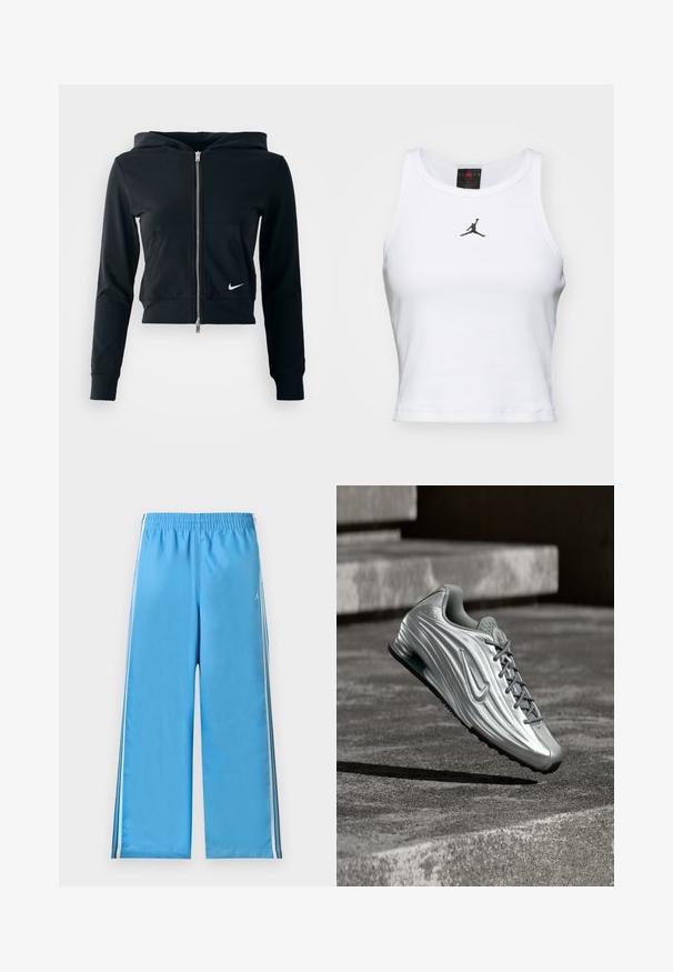 Sort cropped hoodie med sølv lynlås og frontlomme. Lavet af blødt, strækbart stof. Har en hætte og lille Nike-logo på brystet.; Hvid cropped tanktop lavet af bomuld med ribbet tekstur. Har et sort Jordan-logo i midten og en klassisk rund halsudskæring.; Lyseblå atletikbukser med hvide og mørkeblå sidelommer og elastisk taljebånd, lagt fladt ud på en lys baggrund.; Sølvfarvet Nike-sneakers med tekstureret sidelayout og grå snørebånd, svævende over betontrin i en afdæmpet udendørs omgivelser.