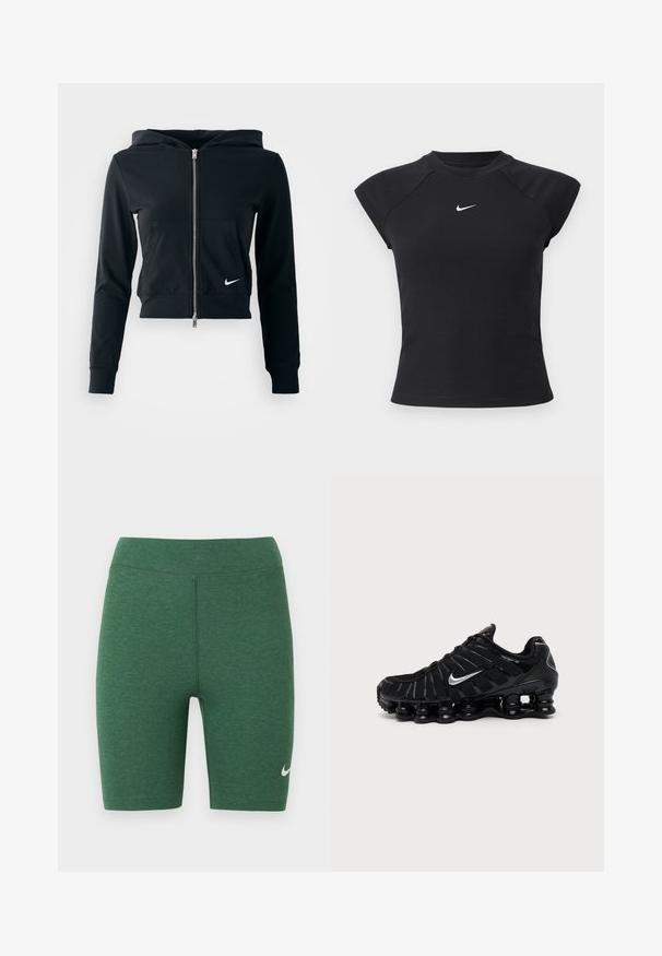 Sudadera corta negra con cremallera plateada y bolsillo frontal. Fabricada con una tela suave y elástica. Cuenta con capucha y un pequeño logo de Nike en el pecho.; Top negro de manga corta con textura acanalada, con cuello redondo y pequeño logo blanco de Nike en el pecho.; Pantalones cortos deportivos verdes hechos de tela elástica. Diseño de cintura alta con costuras planas y un logo blanco de Nike en la parte inferior de la pierna izquierda.; Zapatilla deportiva negra Nike con logo Swoosh plateado, parte superior de malla y material sintético, y suela acolchada segmentada distintiva.