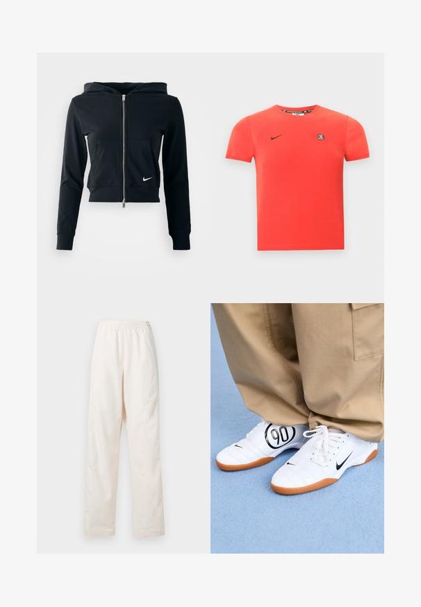Čierna skrátená mikina s kapucňou so strieborným zipsom a prednou vreckom. Vyrobená z mäkkého, elastického materiálu. Obsahuje kapucňu a malé logo Nike na hrudi.; Červené bavlnené tričko s krátkymi rukávmi, na ktorom je čierne logo Nike a malá značková nášivka na hrudi. Jednoduchý okrúhly výstrih.; Voľné nohavice krémovej farby s elastickým pásom a rovnými nohavicami, zobrazené na bielom pozadí.; Biele športové topánky s prešívaným vzorom, čierny Nike swoosh a výrazná čierna grafika "90" na boku, v kombinácii s khaki nohavicami.