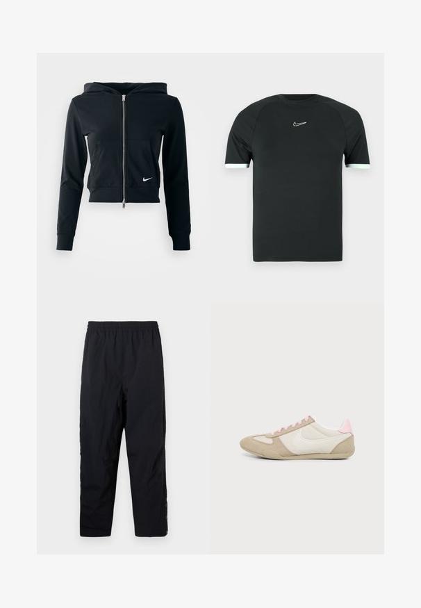 Čierna skrátená mikina s kapucňou so strieborným zipsom a prednou vreckom. Vyrobená z mäkkého, elastického materiálu. Obsahuje kapucňu a malé logo Nike na hrudi.; Čierne športové tričko z hladkej látky. Má krátke rukávy s bielym lemovaním a malým bielym logom na hrudi.; Čierne elastické nohavice so širokým pásom a rovnými nohavicami, s patentkami na členkoch, na bielom pozadí.; Nízky profil béžovo-bielej tenisky s ružovými akcentmi a šnúrkami, s veľkým bielym logom swoosh na boku.