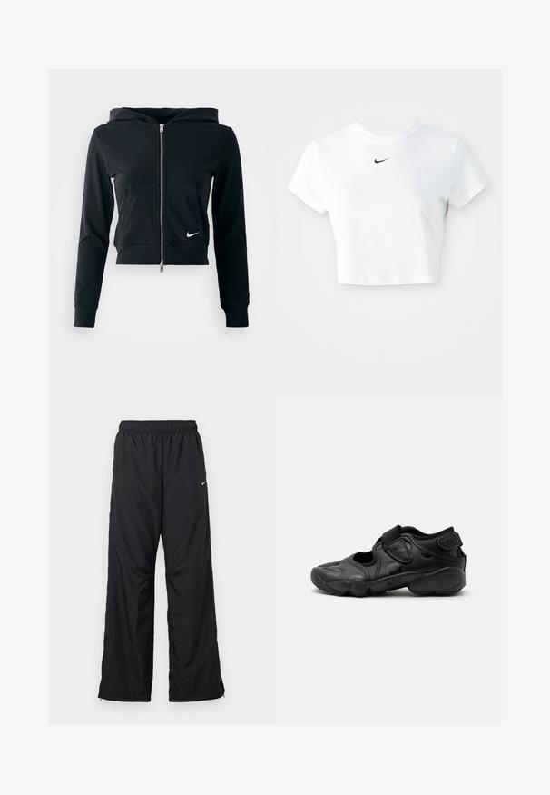 Μαύρο cropped hoodie με ασημένιο φερμουάρ και μπροστινή τσέπη. Φτιαγμένο από μαλακό, ελαστικό ύφασμα. Έχει κουκούλα και μικρό λογότυπο Nike στο στήθος.; Λευκό κοντό μπλουζάκι από βαμβάκι, με κοντά μανίκια και στρογγυλή λαιμόκοψη, διακοσμημένο με το μαύρο λογότυπο της Nike στο στήθος.; Μαύρο αθλητικό παντελόνι με ελαστική ζωνη στη μέση, πλαϊνές τσέπες και χαλαρή εφαρμογή. Κατασκευασμένο από ελαφρύ, λείο ύφασμα με διακριτική γυαλάδα.; Μαύρο αθλητικό σανδάλι με κλειστή μύτη, λουριά με βέλκρο στη μέση του ποδιού και στη φτέρνα, και παχιά επενδεδυμένη σόλα με τη λέξη "AIR" στο πλάι.