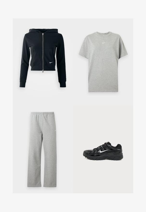 Schwarzer, gekürzter Hoodie mit silbernem Reißverschluss und Fronttasche. Aus weichem, dehnbarem Material gefertigt. Verfügt über eine Kapuze und ein kleines Nike-Logo auf der Brust.; Graues kurzärmeliges Baumwoll-T-Shirt mit Rundhalsausschnitt und kleinem weißen Nike-Swoosh-Logo mittig auf der Brust.; Hellgraue Jogginghose mit elastischem Bund und kleinem weißen Nike-Logo am oberen Oberschenkel, auf weißem Hintergrund flach liegend dargestellt.; Schwarzer Nike P-6000 Sneaker mit silbernem Swoosh, Mesh- und glänzenden Overlays sowie strukturierter schwarzer Sohle, von der Außenseite auf einfarbigem Hintergrund gezeigt.