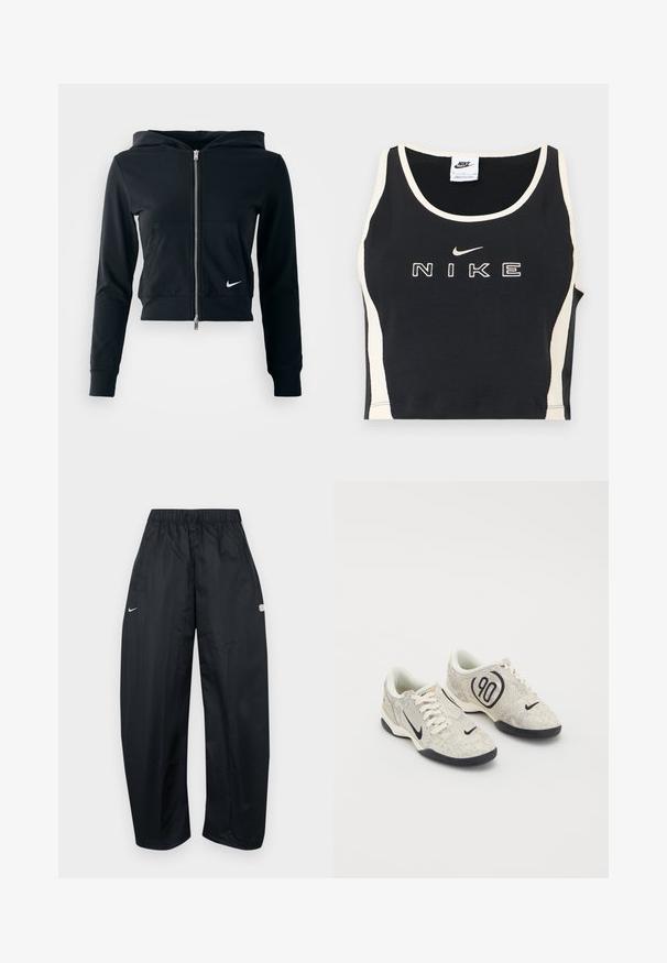 Sudadera corta negra con cremallera plateada y bolsillo frontal. Fabricada con una tela suave y elástica. Cuenta con capucha y un pequeño logo de Nike en el pecho.; Top corto negro sin mangas con ribete blanco y paneles laterales, con texto "Nike" en blanco y logo swoosh centrado en el frente.; Pantalones deportivos negros de corte holgado hechos de material ligero. Cuentan con una cintura elástica, cordón ajustable y detalles con el logo.; Zapatillas Nike con un upper texturizado en beige y gris, acentos negros, un gran logo de "90" y un cierre de cordones blancos. Suela negra.