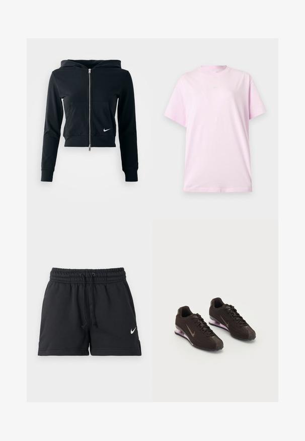 Čierna skrátená mikina s kapucňou so strieborným zipsom a prednou vreckom. Vyrobená z mäkkého, elastického materiálu. Obsahuje kapucňu a malé logo Nike na hrudi.; Svetloružové tričko značky Nike s krátkym rukávom a okrúhlym výstrihom, s malým bielym logom Nike v strede na hrudi, zobrazené na jednofarebnom pozadí.; Čierne športové šortky Nike s elastickým pásom, šnúrkou, bočnými vreckami a bielym logom Swoosh na ľavej nohe.; Čierne športové topánky s textúrovaným zvrškom, hnedými akcentmi a fialovou vzduchovo tlmenou podrážkou. Šnurovací dizajn s výrazným brandingom.