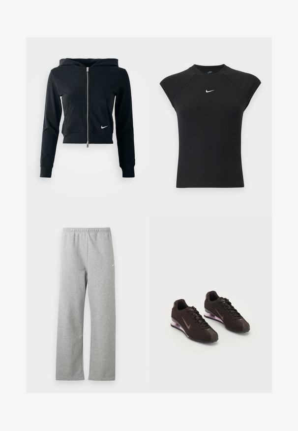 Sudadera corta negra con cremallera plateada y bolsillo frontal. Fabricada con una tela suave y elástica. Cuenta con capucha y un pequeño logo de Nike en el pecho.; Top negro sin mangas de Nike con textura de canalé, cuello redondo y logo Swoosh blanco centrado en el pecho.; Pantalones deportivos gris claro con cintura elástica y un pequeño logo blanco de Nike en la parte superior del muslo, mostrados planos sobre un fondo blanco.; Zapatillas deportivas negras con parte superior texturizada, detalles en marrón y una suela acolchada de aire en púrpura. Diseño con cordones y marca destacada.