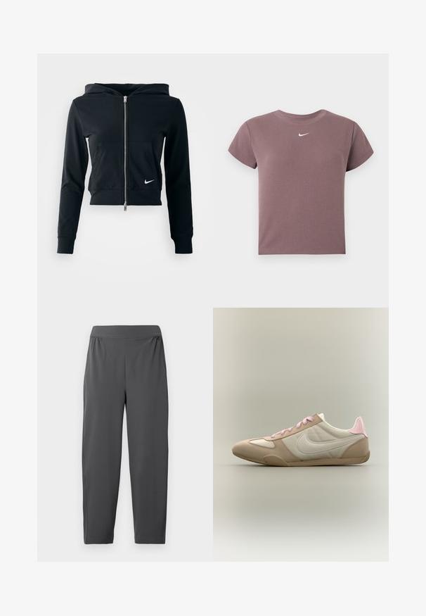 Čierna skrátená mikina s kapucňou so strieborným zipsom a prednou vreckom. Vyrobená z mäkkého, elastického materiálu. Obsahuje kapucňu a malé logo Nike na hrudi.; Mauve rebrovaný krátky rukáv croptop s okrúhlym výstrihom a malým bielym logom Nike umiestneným pod výstrihom.; Sivé športové nohavice s elastickým pásom, zúženými nohavicami a dvoma bočnými vreckami. Hladká textúra a ľahká látka.; Nízkoprofilová béžovo-biela teniska s ružovými šnúrkami a akcentom na päte, s logom Nike na boku na jednoduchom pozadí.