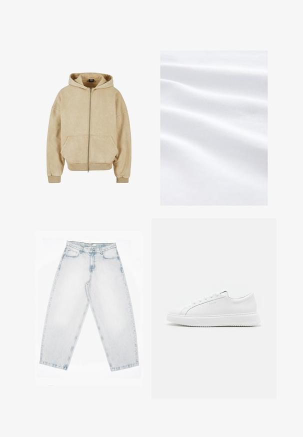 Beige zip-up huppi, joka on valmistettu pehmeästä kankaasta, ja jossa on suuri huppu, kaksi etutaskua sekä ribbausta hihoissa ja helmassa. Sileä rakenne ja rento istuvuus.; Pehmeä, sileä valkoinen kangas, jossa hienovaraiset vaakasuorat laskokset ja hieno, teksturoitu kudontakuviio, tasaisesti valaistu ilman varjoja.; Vaaleanpesu-farkut, joissa on korkea vyötärö, suorat leveät lahkeet, napillinen ja vetoketjullinen suljenta sekä etu- ja takataskut.; Valkoiset tennarit, jotka on valmistettu sileästä synteettisestä materiaalista. Niissä on matala malli, kohotettu valkoinen pohja, pyöristetty varvas ja nauhakiinnitys, jossa on viisi silmukkaa.