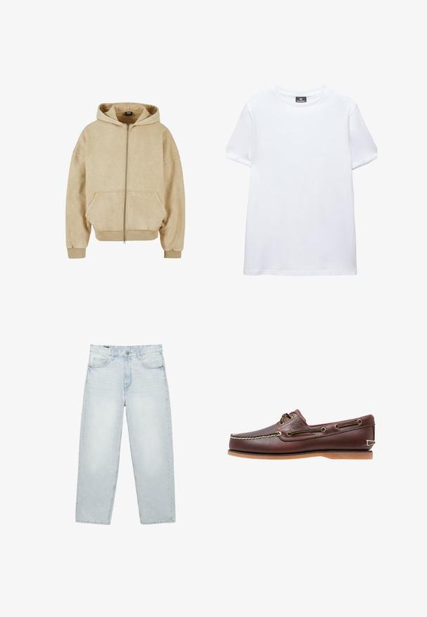 Beige zip-up hoodie lavet af blødt stof, med en stor hætte, to frontlommer og ribbede manchetter og kant. Glat tekstur og afslappet pasform.; Simpel hvid t-shirt med korte ærmer og rund halsudskæring med en sort Pull&Bear mærkat indeni kraven, vist på en hvid baggrund.; Lyseblå højtaljede jeans med lige ben, forrest med knap og lynlås, bæltestropper og design med fem lommer på hvid baggrund.; Brun læder bådsko med hvide sømme, snøre detaljer og lysbrun gummisål, vist fra siden på hvid baggrund.