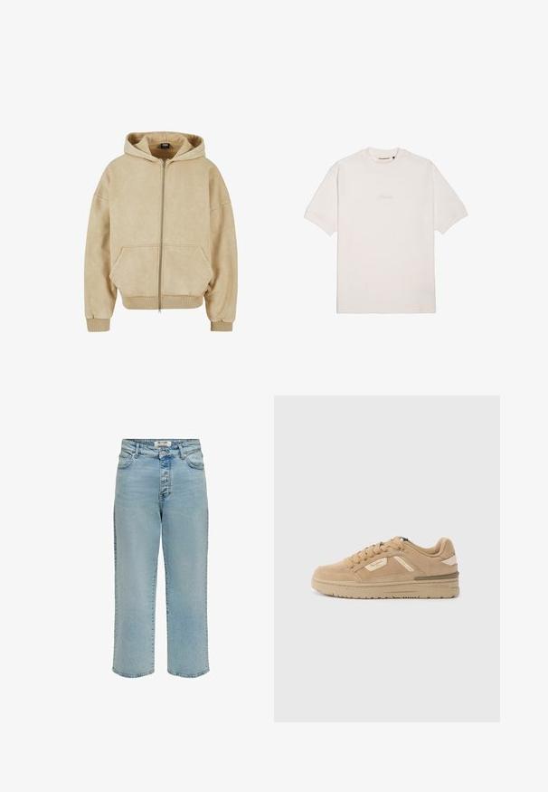 Beige zip-up hoodie lavet af blødt stof, med en stor hætte, to frontlommer og ribbede manchetter og kant. Glat tekstur og afslappet pasform.; Kortærmet hvid t-shirt lavet af blød bomuld, med et subtilt præget mærkelogo på brystet og en klassisk rund halsudskæring.; Lyseblå, højtaljede vidde jeans med forreste knap, lynlås lukning, bæltestropper og design med fem lommer.; Tanfarvede ruskindssneakers med rund tå, snørelukning foran og polstret krave. Har en tekstureret mellemsål og diskrete brandingdetaljer på siden.