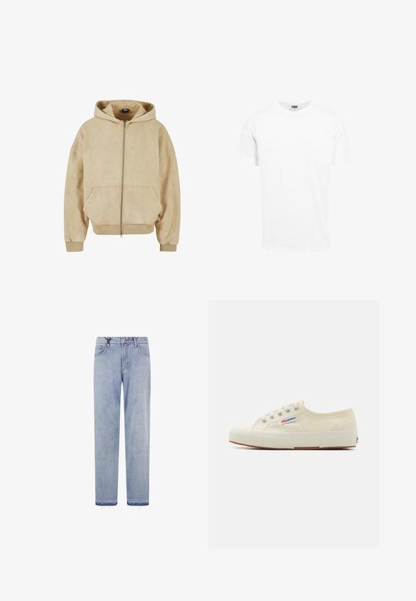 Beige zip-up hoodie lavet af blødt stof, med en stor hætte, to frontlommer og ribbede manchetter og kant. Glat tekstur og afslappet pasform.; Hvid bomulds t-shirt, korte ærmer, rund hals, lige snit, blød tekstur, enkelt design, ingen grafik eller mønstre.; Lyseblå straight-leg denim jeans med forlommer, bæltestropper, knaplukning og frynset kant.; Beige lærredssneaker med et lavprofildesign, metaløjet og gummisål. Har et tekstureret mønster og logodetalje på siden.