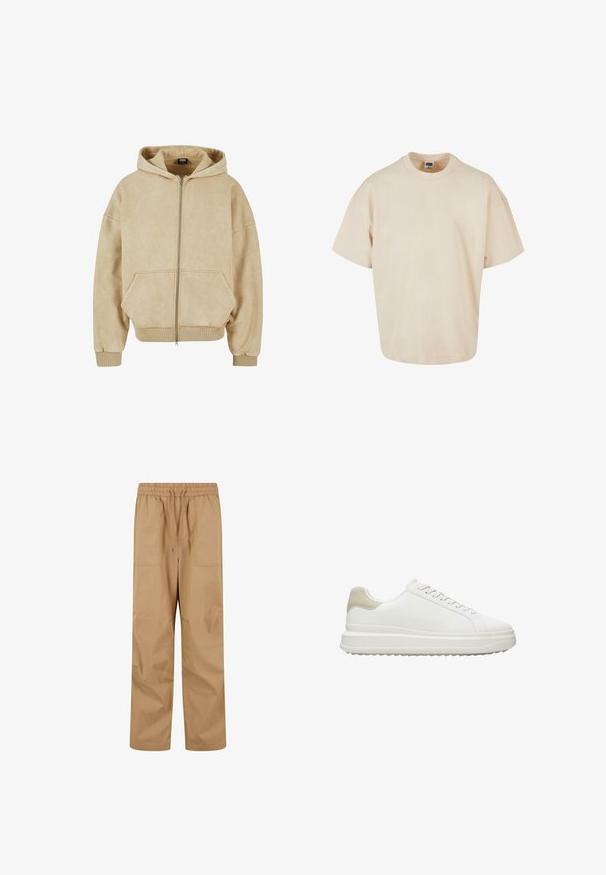 Beige zip-up huppi, joka on valmistettu pehmeästä kankaasta, ja jossa on suuri huppu, kaksi etutaskua sekä ribbausta hihoissa ja helmassa. Sileä rakenne ja rento istuvuus.; Beige oversized T-paita, valmistettu pehmeästä puuvillakankaasta, pyöreällä kauluksella ja lyhyillä hihoilla, suoran helman kanssa. Yksinkertainen ja minimalistinen muotoilu.; Beige cargo-housut, joissa on joustava vyötärö, kiristysnauha ja kaksi suurta sivutaskua. Kangas näyttää sileältä ja istuvuus on rento.; Valkoiset lenkkarit, jotka on tehty sileästä nahasta ja joissa on beige, teksturoitu kantapääkoriste, pyöreät nauhat, matala muotoilu ja kumipohja.
