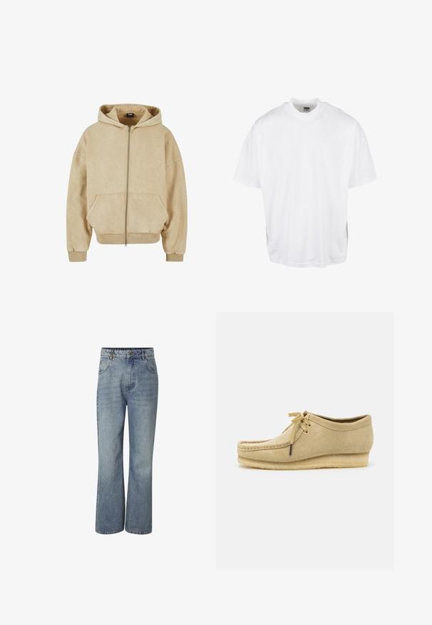 Veste à capuche zippée beige en tissu doux, avec une grande capuche, deux poches avant et des poignets et un ourlet côtelés. Texture lisse et coupe décontractée.; T-shirt en coton blanc avec une coupe décontractée, des manches courtes et un col rond, présentant un ourlet droit et sans graphiques ni motifs visibles.; Jean en denim bleu taille haute avec jambes larges, fermeture à boutons sur le devant, passants pour ceinture et poches devant et derrière.; Chaussure en daim beige avec un design à lacets, des détails cousus et une semelle en caoutchouc. La forme est décontractée avec un léger talon compensé.
