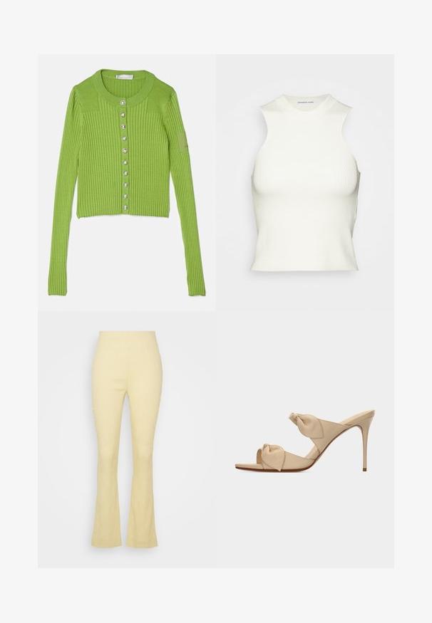 Roheline soonikuga kardigan pikkade varrukatega, ümmarguse kaelusega, läikiva nööpkinni ja lapiga detailiga varruka peal.; DESIGNERS REMIX MANDY TANK - Topp - white; Holzweiler KIND PLEAT TROUSERS - Püksid - light yellow; Beež avatud varbaga kõrge kontsaga sandaal, kahel keeratud sõlmekujulisel rihmal ja õhukese kontsaga, valgel taustal.
