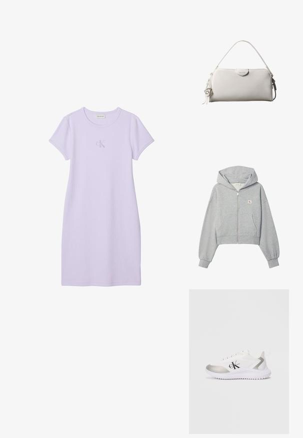 Lichtgrijze cropped hoodie met rits, voorzakken, elastische boorden en een klein Calvin Klein-logo op de linkerborst.; Lavendelkleurige casual jurk met korte mouwen, ronde hals en een subtiel Calvin Klein-logo centraal op de borst.; Witte sportschoenen met een zilveren accent, een gladde textuur en een rubberen zool. Beschikt over een opvallend zwart logo aan de zijkant en veters.; Witte rechthoekige Calvin Klein handtas met enkele handgreep, minimalistisch ontwerp en decoratieve kwastjes met geometrische metalen hanger aan de zijkant.