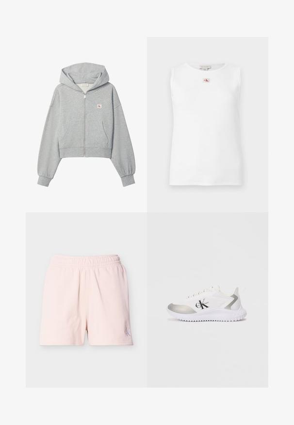 Sudadera corta gris claro con cremallera, bolsillos delanteros, puños elásticos y pequeño logo de Calvin Klein en el pecho izquierdo.; Camiseta sin mangas blanca de canalé con pequeño logo de Calvin Klein en rojo y negro centrado debajo del cuello.; Pantalones cortos de cintura elástica de color rosa claro con un pequeño logo de Calvin Klein en la parte inferior de la pierna izquierda sobre un fondo liso.; Zapatillas deportivas blancas con un acento plateado, textura suave y suela de goma. Presentan un logotipo negro prominente en el lateral y en los cordones.