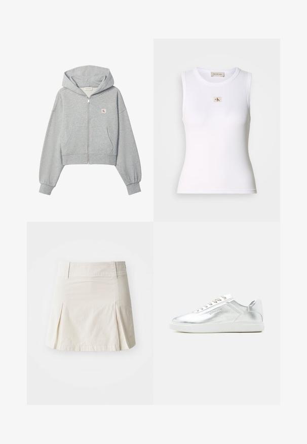 Lichtgrijze cropped hoodie met rits, voorzakken, elastische boorden en een klein Calvin Klein-logo op de linkerborst.; Wit geribd mouwloos tanktop met Calvin Klein Jeans-label op de borst en binnenhalslabel.; Lichtbeige katoenen rok met een aansluitende taille, geplooid ontwerp en rechte zoom, met een soepele textuur en zonder zichtbare hardware.; Low-top metallic zilverkleurige sneaker met witte zool en veters, gladde textuur en subtiele reliëfbranding aan de zijkant.