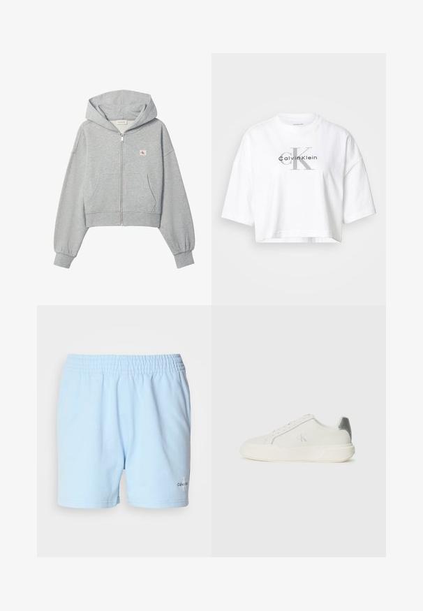 Lysegrå cropped hættetrøje med lynlås, forlommer, elastiske manchetter og lille Calvin Klein-logo på venstre bryst.; Hvid crop-top med oversize ærmer og stort gråt "CK" samt sort "Calvin Klein" logo centreret på forsiden.; Lyseblå shorts med elastisk talje, prydet med "Calvin Klein"-logoen nær kanten, præsenteret på en neutral baggrund.; Hvide sneakers lavet af læder med en glat tekstur, forsynet med en sølvaccent på hælen, flad sål og minimalistisk design.