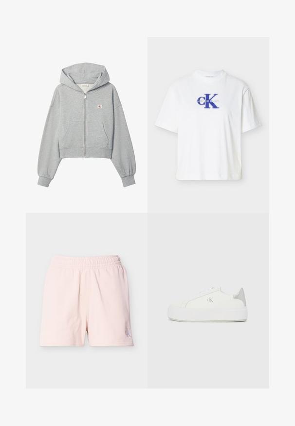 Lichtgrijze cropped hoodie met rits, voorzakken, elastische boorden en een klein Calvin Klein-logo op de linkerborst.; Witte T-shirt met korte mouwen van katoen met een ronde halslijn, voorzien van een blauw "CK" logo en tekst in contrasterende blauwe print.; Lichtroze shorts met elastische taille en een klein Calvin Klein-logo op het linkeronderbeen tegen een effen achtergrond.; Witte canvas sneakers met een dikke witte zool, voorzien van een metallic zilveren accent op de hiel en een subtiel logo detail aan de zijkant.