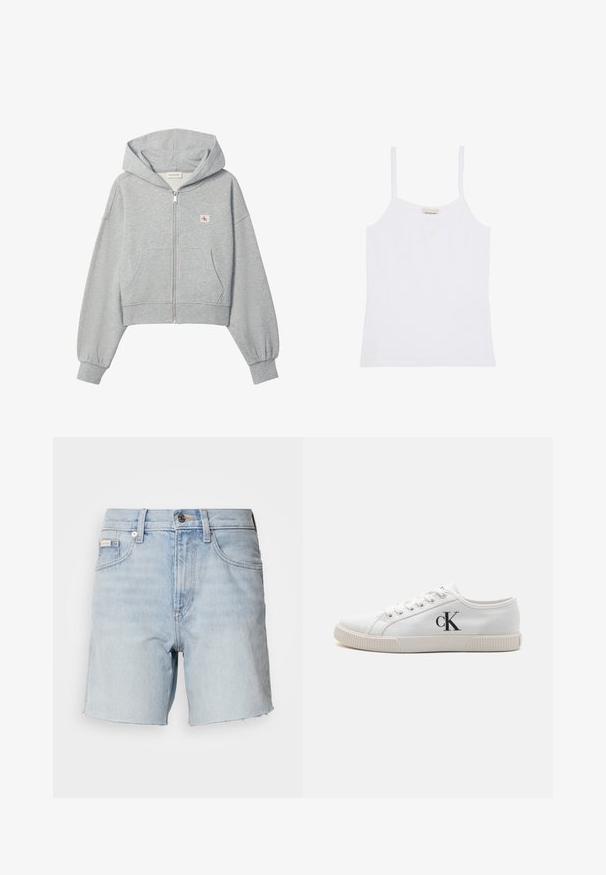 Helehall helelõikega lukuga dressipluus esitaskute, elastsete varrukakummide ja väikese Calvin Kleini logoga vasakul rinnal.; Valge Calvin Klein naiste tanktop õhukeste õlapaelte ja lihtsa, kehasse istuva disainiga.; Hele sinised teksapüksid, millel on soditud ääred, esikinnis nupud ja tõmblukk, vööaasad ning esitaskud.; Valge kanvasest spordijalats madala profiiliga, millel on kummist tald ja must "CK" logo küljel. Kuus silmust valgete paeltega.
