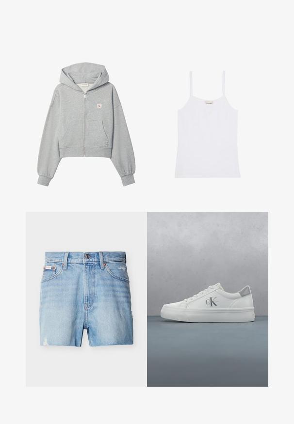 Sudadera corta gris claro con cremallera, bolsillos delanteros, puños elásticos y pequeño logo de Calvin Klein en el pecho izquierdo.; Camiseta de tirantes blanca para mujer de Calvin Klein con tirantes finos y diseño sencillo y ajustado.; Pantalones cortos de mezclilla azul claro con botón frontal, trabillas para cinturón, dos bolsillos delanteros y ligeros detalles desgastados en los laterales y el dobladillo.; Zapatillas de cuero blanco con suela plana, presentando un sutil acento gris en el talón y un prominente logo 'CK' en el lateral.