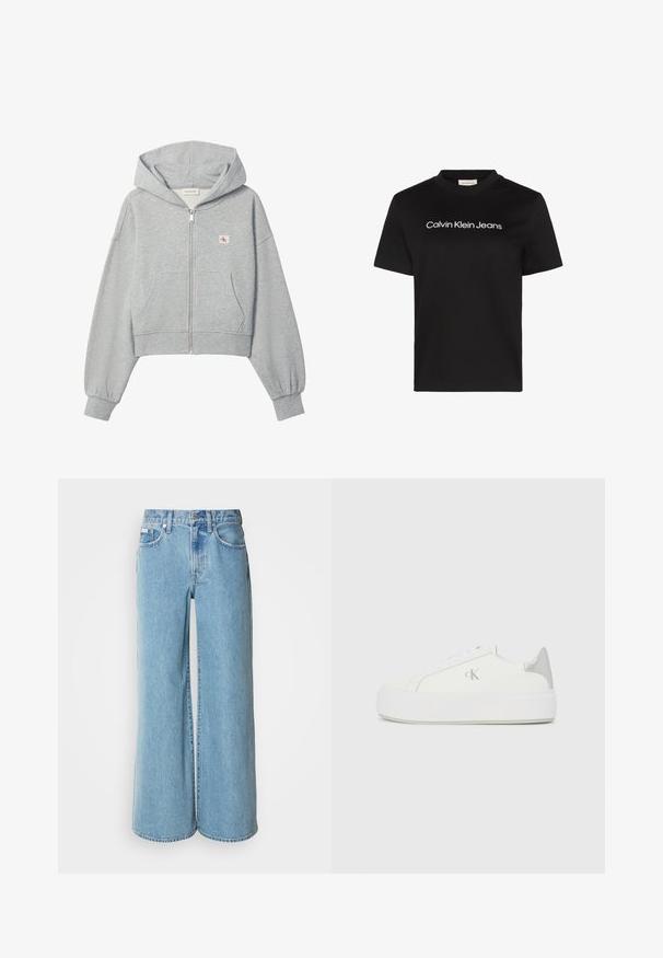 Lichtgrijze cropped hoodie met rits, voorzakken, elastische boorden en een klein Calvin Klein-logo op de linkerborst.; Zwart katoenen T-shirt met een ronde hals en korte mouwen, met de tekst "Calvin Klein Jeans" in wit over de borst.; Lichtblauwe wijde jeans van denim, met een hoge taille, vijf pockets en subtiele vervaging langs de stof.; Witte canvas sneakers met een dikke witte zool, voorzien van een metallic zilveren accent op de hiel en een subtiel logo detail aan de zijkant.