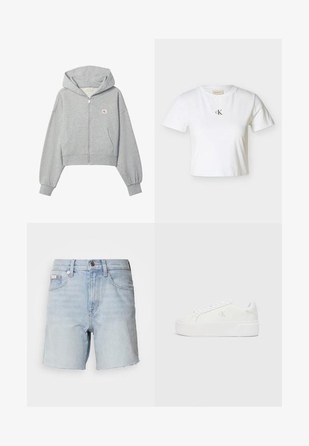 Lichtgrijze cropped hoodie met rits, voorzakken, elastische boorden en een klein Calvin Klein-logo op de linkerborst.; Witte cropped T-shirt met korte mouwen, met klein zwart "cK" logo in het midden van de borst en een ronde halslijn.; Lichtblauwe denim shorts met rafelige zoom, knoop- en ritssluiting aan de voorkant, lusjes voor een riem en voorzakken.; Witte platform sneakers met een gladleren bovenkant, ronde neus, witte veters en subtiele logodetail aan de zijkant. Platte rubberen zool.