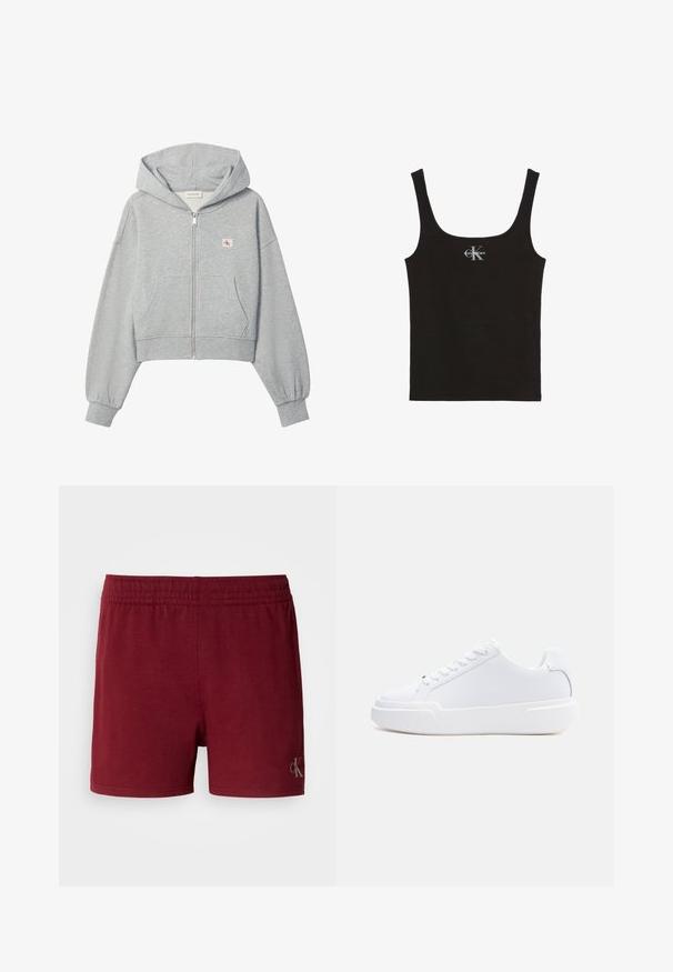 Sudadera corta gris claro con cremallera, bolsillos delanteros, puños elásticos y pequeño logo de Calvin Klein en el pecho izquierdo.; Camiseta de tirantes negra de algodón con escote redondeado y tirantes anchos. Presenta un pequeño logo impreso de "Calvin Klein" en la parte delantera.; Pantalones cortos deportivos en color burdeos, confeccionados con una suave mezcla de algodón, cinturilla elástica y un pequeño logotipo en el dobladillo inferior.; Zapatilla blanca de corte bajo con cierre de cordones, suela gruesa y parte superior lisa, mostrada desde el lado exterior sobre un fondo claro y sencillo.