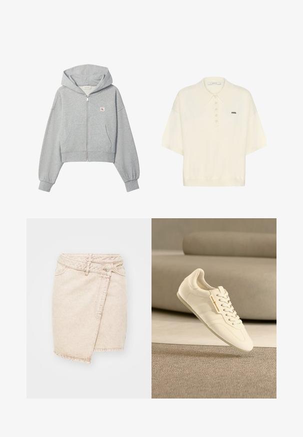Sudadera corta gris claro con cremallera, bolsillos delanteros, puños elásticos y pequeño logo de Calvin Klein en el pecho izquierdo.; Polo de punto de manga corta color crema con cinco botones y pequeño logo bordado en negro en el pecho izquierdo.; Minifalda de mezclilla beige con un diseño envolvente, que cuenta con un cierre de botón, costuras visibles y una textura ligeramente desgastada.; Zapatilla de cuero beige claro con acabado texturizado, cordones planos y branding sutil, que presenta un diseño aerodinámico y una silueta minimalista.