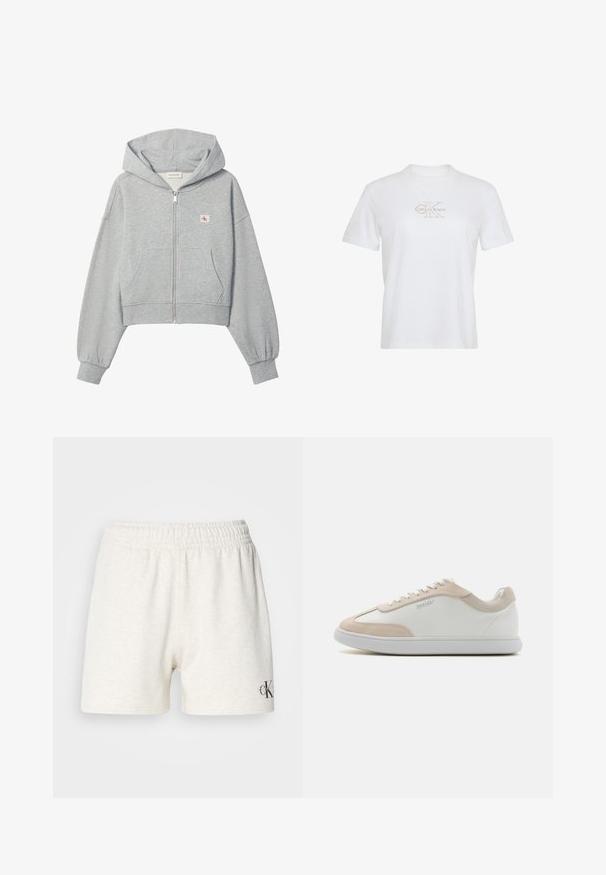 Lysegrå cropped hættetrøje med lynlås, forlommer, elastiske manchetter og lille Calvin Klein-logo på venstre bryst.; Hvid t-shirt med korte ærmer, rund hals og let beige Calvin Klein-logo centreret på brystet.; Lysegrå bomuldsbukser med elastisk talje, der har en glat tekstur og et lille sort logo på nederste højre side.; Hvide lædersneakers med beige ruskindsdetaljer og hvide snøringer. Har en rund tå og en polstret sål for komfort.