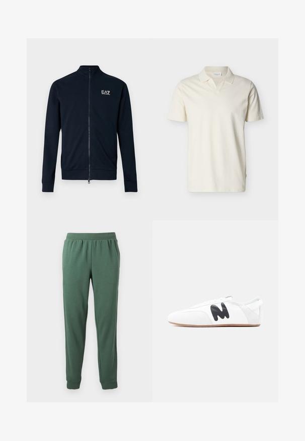 Sweat-shirt zippé bleu marine avec col montant, fabriqué en tissu lisse. Comprend un petit logo EA7 sur la poitrine et des poignets ajustés.; Polo à manches courtes de couleur crème avec un col doux et une encolure en V, présenté sur un fond blanc uni.; Pantalon de survêtement vert en tissu doux, avec une taille élastique, des poches latérales et des poignets côtelés aux chevilles pour une coupe effilée.; Baskets blanches à profil bas avec un logo "M" noir sur le côté et une semelle brun clair, vues de l'extérieur sur un fond uni.