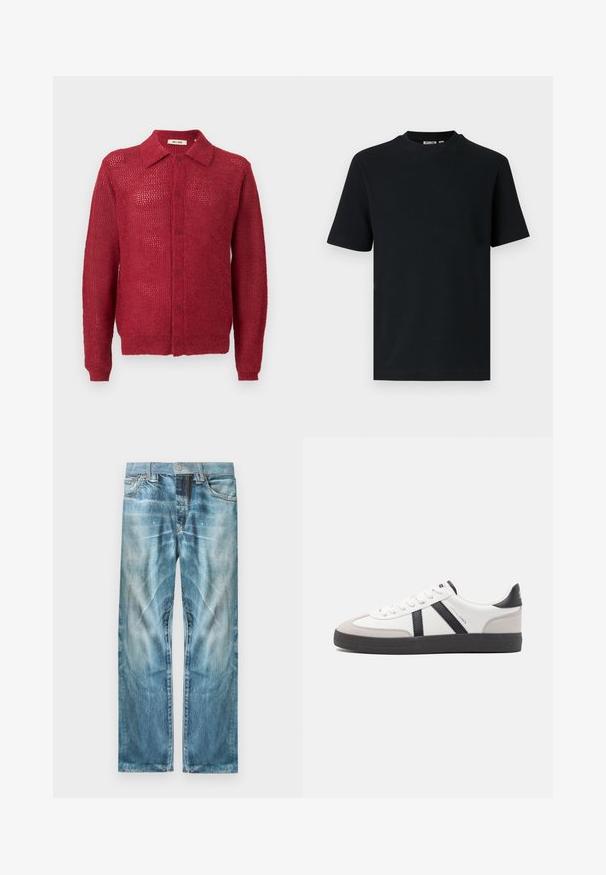 Cardigan rouge en tricot avec un devant à boutons, un col et des poignets côtelés. Présente un motif en tissage ouvert et une coupe décontractée.; T-shirt noir à manches courtes en maille côtelée avec col rond et une petite étiquette visible à l'intérieur du col.; Jean en denim bleu clair délavé avec une coupe droite, poches avant, passants pour ceinture et fermeture par bouton.; Baskets blanches avec des accents noirs et gris, présentant un embout texturé gris, une semelle en caoutchouc noir et des lacets plats blancs. Design épuré, style minimaliste.