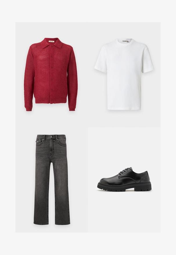 Κόκκινο πλεκτό πουλόβερ με κουμπιά μπροστά, γιακά και ριμπ μανσέτες. Διαθέτει ανοιχτό πλέγμα και χαλαρή εφαρμογή.; Λευκό κοντομάνικο μπλουζάκι με υφή από ύφασμα βατράχου και στρογγυλή λαιμόκοψη, με μικρή ετικέτα μάρκας στο εσωτερικό του γιακά, παρουσιασμένο σε απλό φόντο.; Καθαρά μαύρα αποχρωματισμένα τζιν με ίσια πόδια, με μπροστινές και κερματοθήκες, κλείσιμο με κουμπί και φερμουάρ, απεικονίζονται στο λευκό φόντο.; Μαύρα δερμάτινα παπούτσια με στρογγυλή μύτη, σχέδιο με κορδόνια και παχιά, υφή από καουτσούκ σόλα. Διαθέτει ραφή κατά μήκος της άκρης και ομαλή φινιρίσματα.